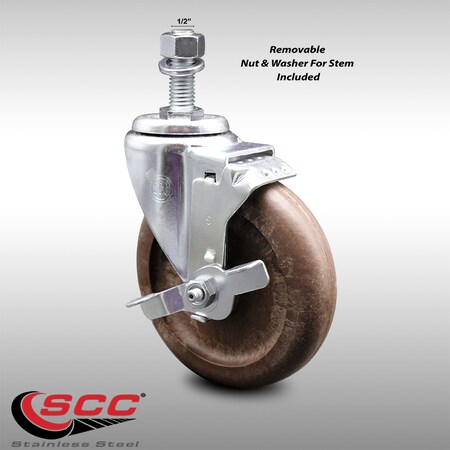 Service Caster 5 Inch SS High Temp Glass Filled Nylon 1/2 Inch Threaded Stem Caster with Brake SCC-SSTS20S514-GFNSHT-TLB-121315